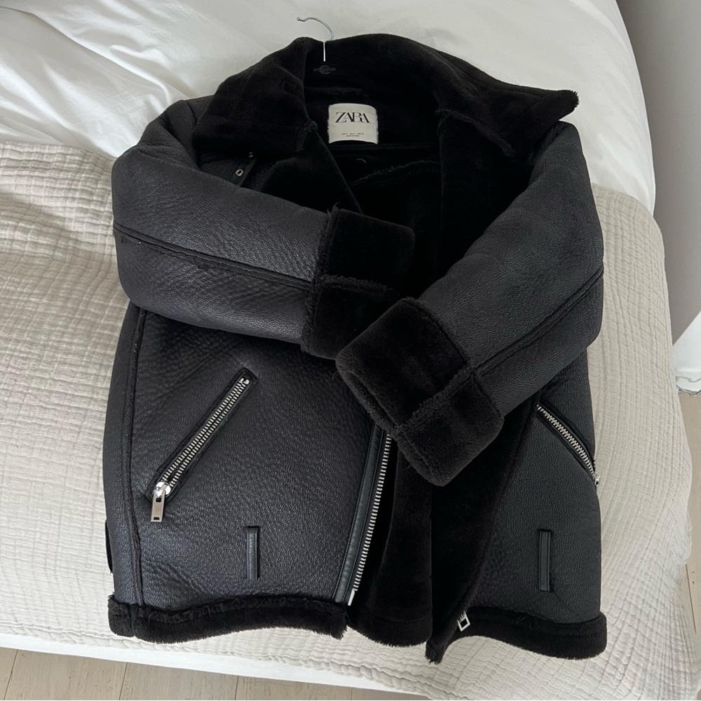 Zara size S faux shearling biker jacket - gently worn - black